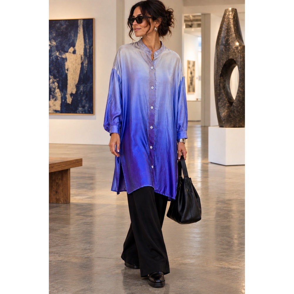 Rebecca Moses Style Journey 100% Silk Ombre Tunic Shirt Blue Purple XS